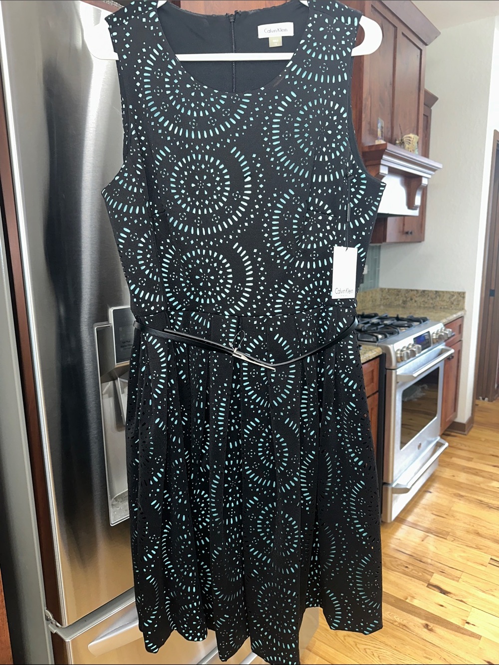 Calvin Klein Black Dress with Teal Circular Print